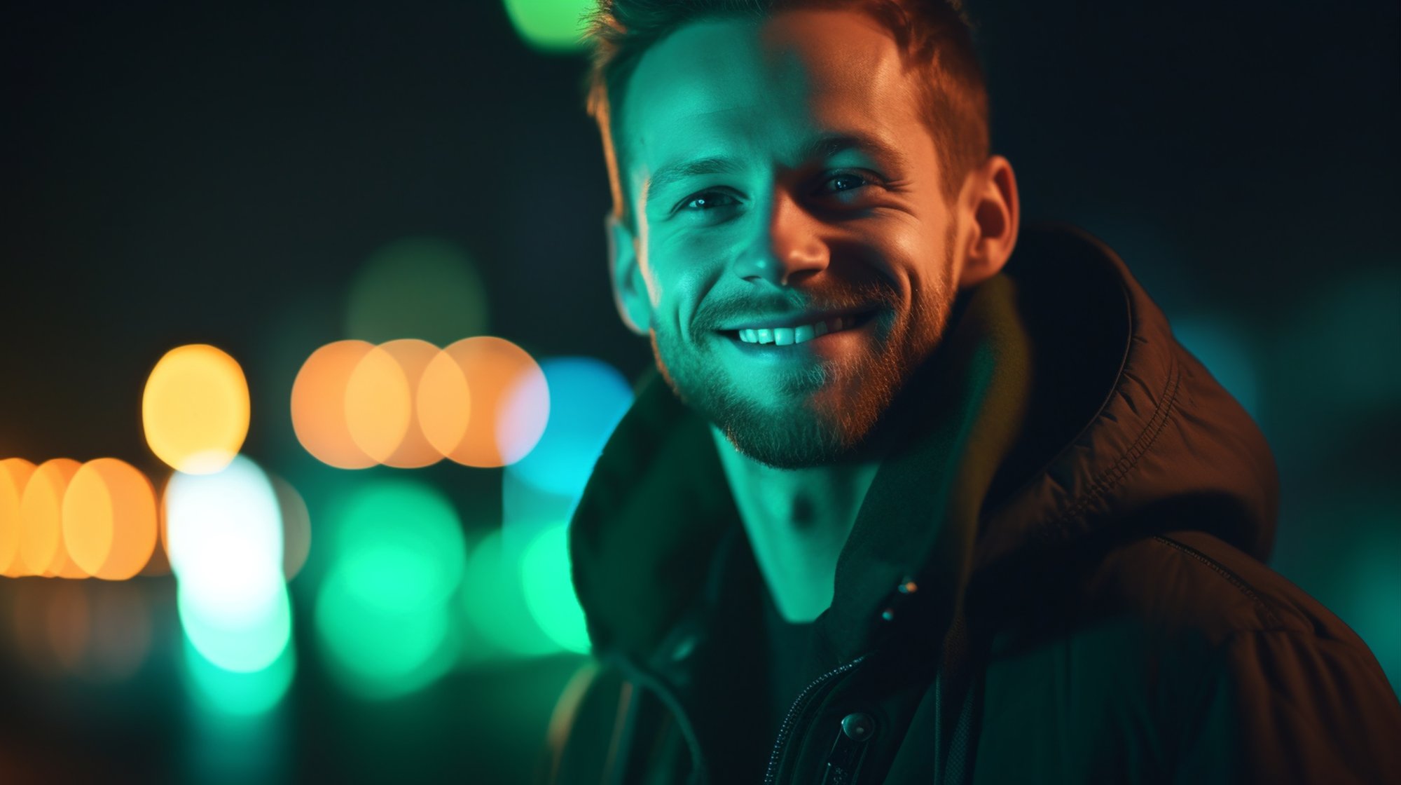 man-smiles-camera-front-green-light